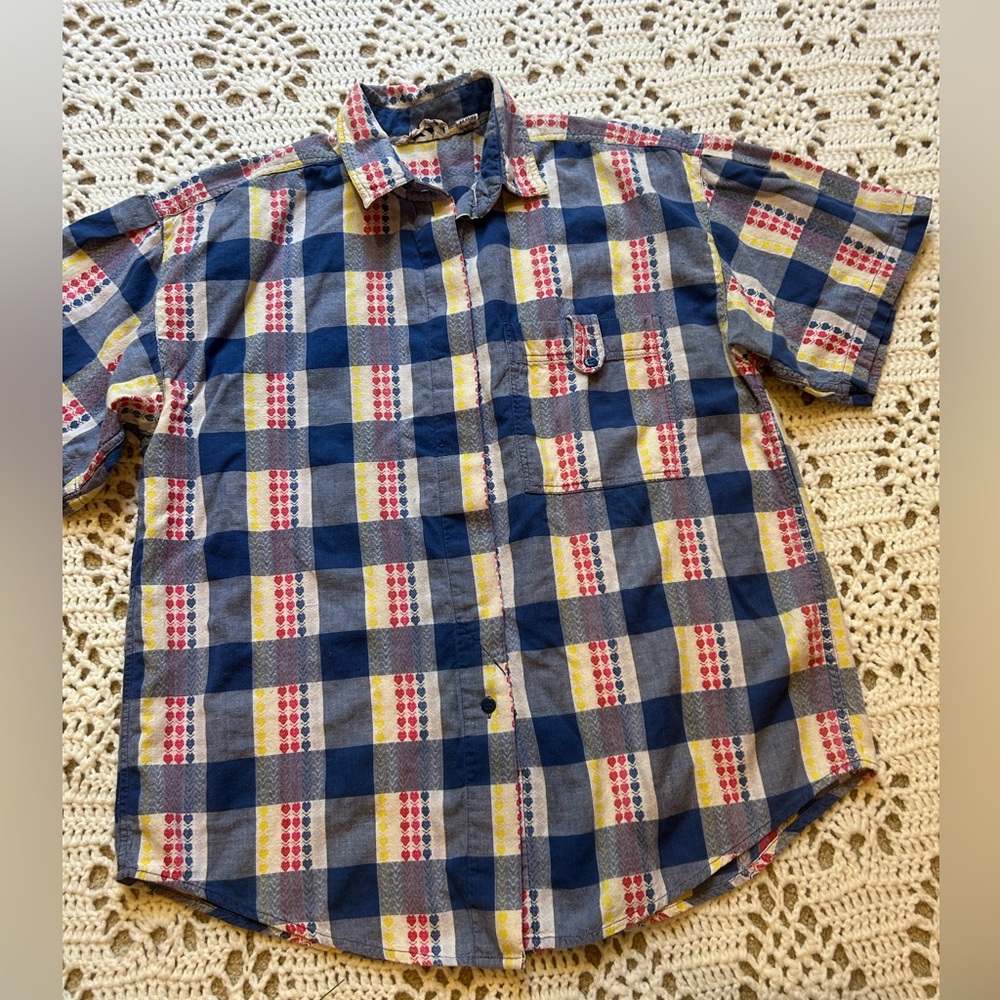 Vintage KZK  Women’s Button Up Short Sleeve Shirt Hearst Blue Red Grannycore L